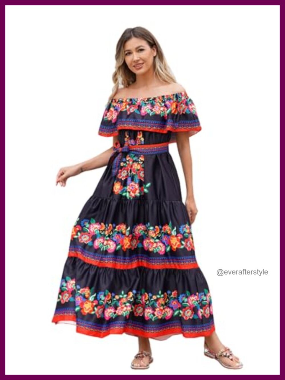 Womens Off Shoulder Floral Maxi Dress with Belt Summer Beach Party